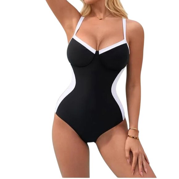 Women's Black & White Push Up Lace Up Back One Piece Swimsuit Size L NWOT - Picture 1 of 11